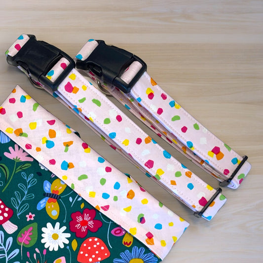 Pink Multi Dots Dog Collar - Martingale or Buckle Style - Embroidery Available