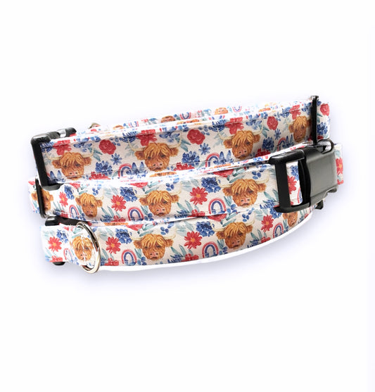 Highland Cow Dog Collar - Martingale or Buckle Style - Embroidery Available
