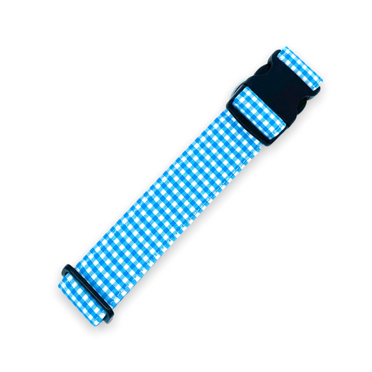 Teal Blue Gingham Dog Collar - Martingale or Buckle Style - Embroidery Available