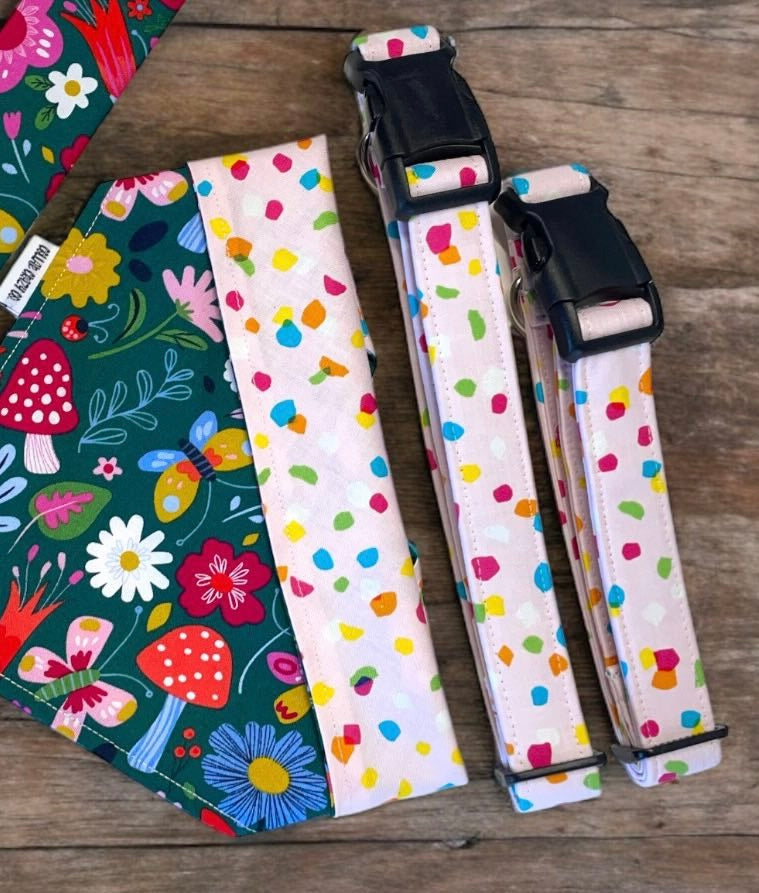 Pink Multi Dots Dog Collar - Martingale or Buckle Style - Embroidery Available